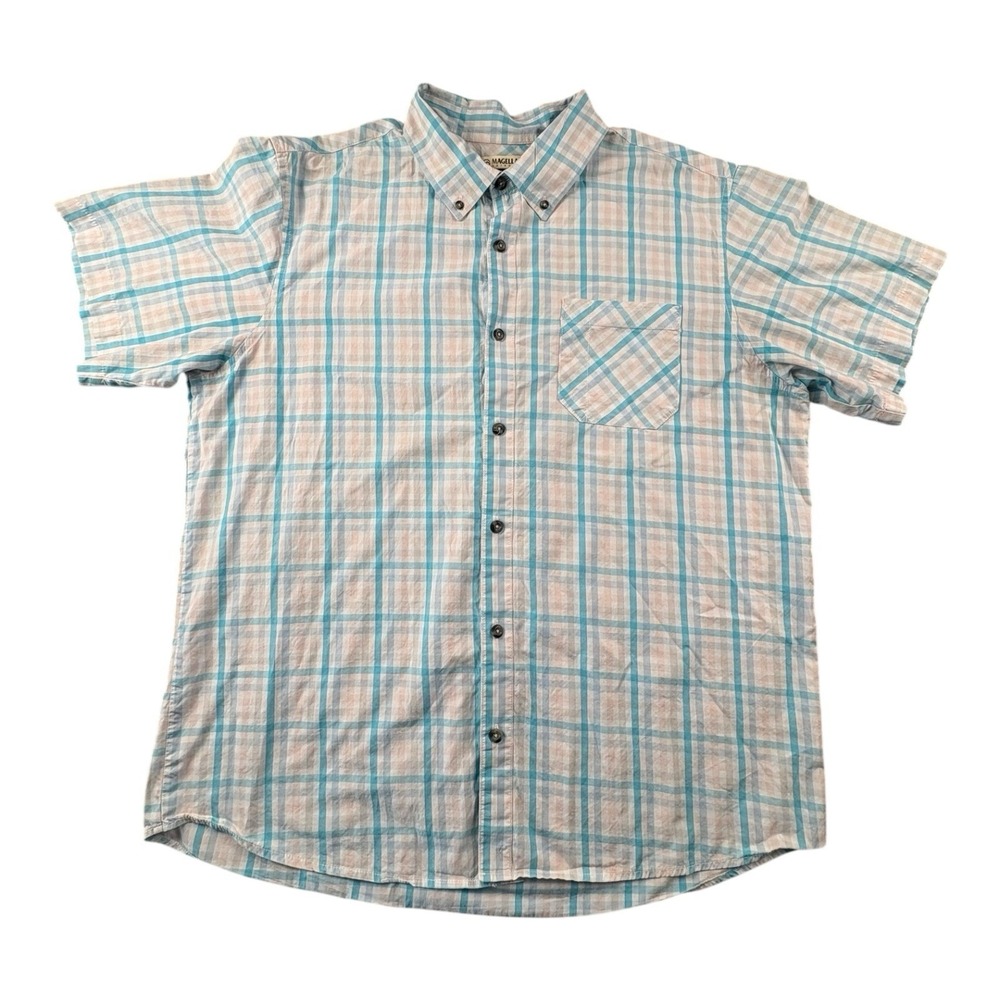 Magellan Outdoors XL Plaid Shirt Classic Fit Blue Pink Cotton Blend